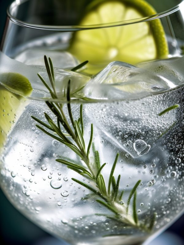 there is glass water with lemon slice rosemary sprig generative ai